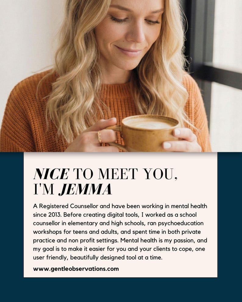A woman with blonde hair is smiling and holding a cup of coffee, with text describing her as a registered mental health coach and her passion for mental health.