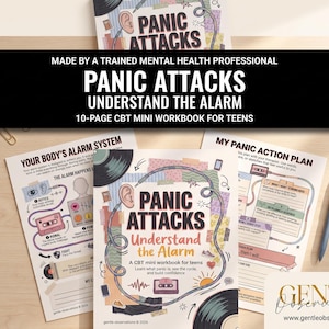 May include: A 10-page CBT mini workbook for teens titled Panic Attacks Understand the Alarm. The cover features a collage of illustrations including a human ear, cassette tapes, vinyl records, and headphones. Accompanying pages show diagrams.