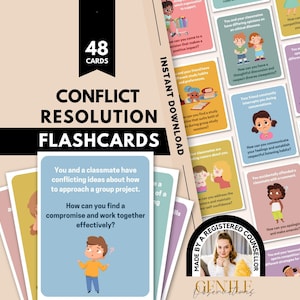 Peut inclure: Un ensemble de 48 cartes de résolution de conflits avec des illustrations colorées et des questions pour les élèves. Les cartes sont présentées sur un fond beige avec le texte 48 CARDS, CONFLICT RESOLUTION FLASHCARDS et INSTANT DOWNLOAD.