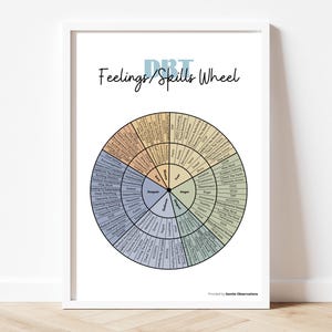 May include: A framed DBT Feelings/Skills Wheel chart featuring a circular diagram divided into colored segments. The wheel displays various emotions and corresponding coping skills in black text. The title reads DBT Feelings/Skills Wheel.