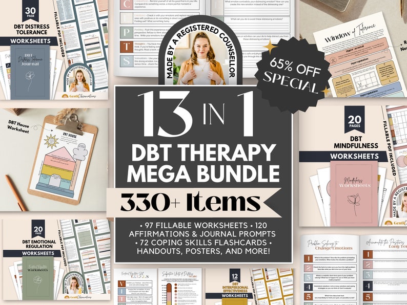 May include: A digital product bundle for Dialectical Behavior Therapy (DBT) with over 330 items, including 97 fillable worksheets, 120 affirmations and journal prompts, 72 coping skills flashcards, handouts, posters, and more. The bundle is advertised as "13 in 1 DBT Therapy Mega Bundle".