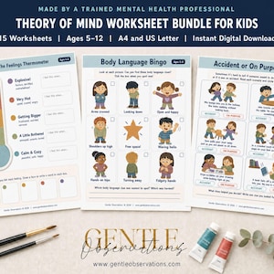 Puede incluir: Un paquete de hojas de trabajo digitales titulado Theory of Mind Worksheet Bundle for Kids, que incluye tres páginas: The Feelings Thermometer, Body Language Bingo y Accident or On Purpose. Las páginas contienen ilustraciones, texto y casillas de verificación.