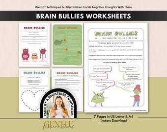 Brain Bullies CBT Worksheets For Kids, Automatic Negative Thoughts, Challenging Cognitive Distortions School Counseling Therapy Worksheets