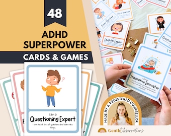 Puede incluir: Un juego de 48 cartas con ilustraciones coloridas y texto. Las cartas están diseñadas para ayudar a los niños con TDAH a comprender y celebrar sus fortalezas únicas. Las cartas presentan frases como "Soy un experto en preguntas" y "Soy un innovador imaginativo".