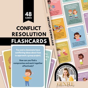 Puede incluir: Un juego de 48 tarjetas de resolución de conflictos con ilustraciones coloridas y preguntas para el aprendizaje socioemocional. Las tarjetas se muestran sobre un fondo beige con el texto "48 CARDS" y "CONFLICT RESOLUTION FLASHCARDS".