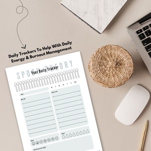 May include: A printable daily tracker sheet with the title "SPOON THEORY Your Daily Tracker" in black text. The sheet is designed to help with daily energy and burnout management. It includes a section for listing tasks, a section for tracking energy levels, and a section for tracking water intake.