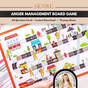 May include: An anger management board game featuring a colorful illustrated city map with a winding road, fire station, supermarket, and firemen. The game includes 64 question cards and instructions. Text includes ANGER MANAGEMENT BOARD GAME.