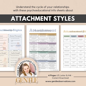 May include: Three psychoeducational info sheets about attachment styles. The sheets feature charts and text detailing secure, anxious, dismissive, and fearful styles. A circular badge states Made by a Registered Counsellor, Gentle Observations.