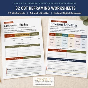 Può includere: Due fogli di lavoro in carta bianca intitolati 32 CBT Reframing Worksheets, che presentano esercizi di pensiero in area grigia ed etichettatura delle emozioni con tabelle, intestazioni colorate e suggerimenti testuali. Le pagine includono sezioni per valutazioni, analisi della situazione e identificazione emotiva.