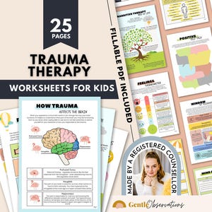 Hojas de trabajo para terapia de trauma para niños, TEPT, alivio de la ansiedad (PDF rellenable)