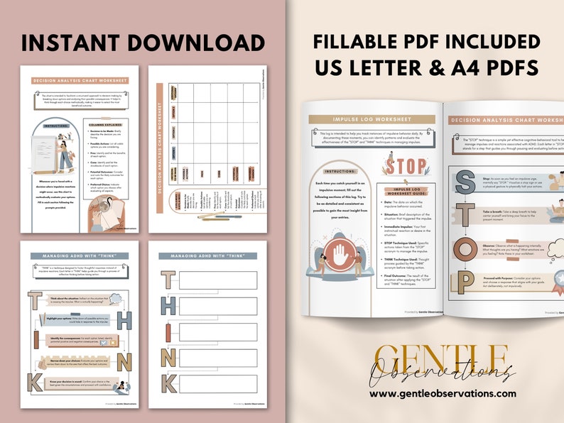 May include: A printable worksheet set for managing impulses and making decisions. The worksheets feature illustrations of people and a stop sign. The worksheets are titled "Impulse Log Worksheet", "Decision Analysis Chart Worksheet", and "Managing Arousal with "Think"". The worksheets are designed to help people manage their emotions and make better decisions.