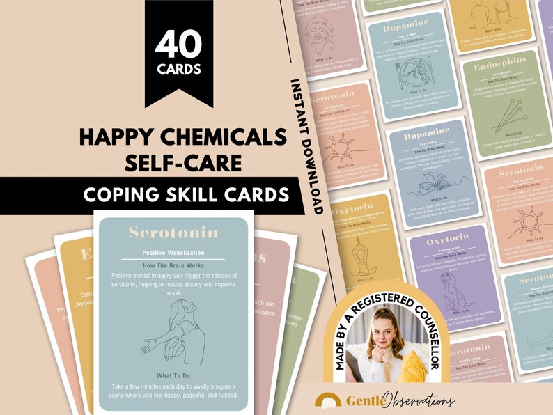 May include: A set of 40 printable coping skill cards featuring illustrations and descriptions of happy chemicals like serotonin, dopamine, oxytocin, and endorphins. The cards are designed to help with self-care and mental health.