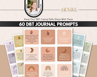 Könnte beinhalten: Ein Set aus 60 DBT-Journal-Prompts auf quadratischen Karten in gedeckten Erdtönen mit Symbolen wie Monden, Regenbögen und Blättern. Der Text enthält Fragen wie 'Did you experience any unpleasant emotions today?' und 'How effective were you today?'