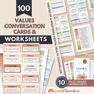 Puede incluir: Un conjunto de 100 tarjetas de conversación sobre valores y 10 hojas de trabajo con texto en una paleta de colores neutros. Las tarjetas presentan términos como Integrity, Intimacy, Intuition y Kindness con definiciones. El texto incluye Created by a Registered Mental Health Counsellor y Gentle Observations.