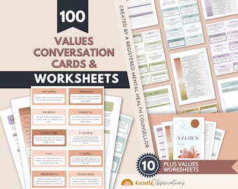 May include: A set of 100 values conversation cards and 10 worksheets with text in a neutral color palette. The cards feature terms like Integrity, Intimacy, Intuition, and Kindness with definitions. The text includes Created by a Registered Mental Health Counsellor and Gentle Observations.