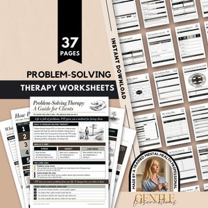 May include: A collection of 37 problem-solving therapy worksheets featuring black and white text, diagrams, and instructional guides. The documents include structured forms for tracking stress, anxiety, and action plans, presented in a clean, professional layout.