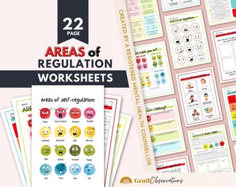 Pode incluir: Um conjunto de 22 páginas de fichas de trabalho sobre áreas de regulação, com gráficos coloridos de emoções, rostos ilustrados, zonas de regulação, fichas de reflexão sobre o comportamento e estratégias de gestão emocional.
