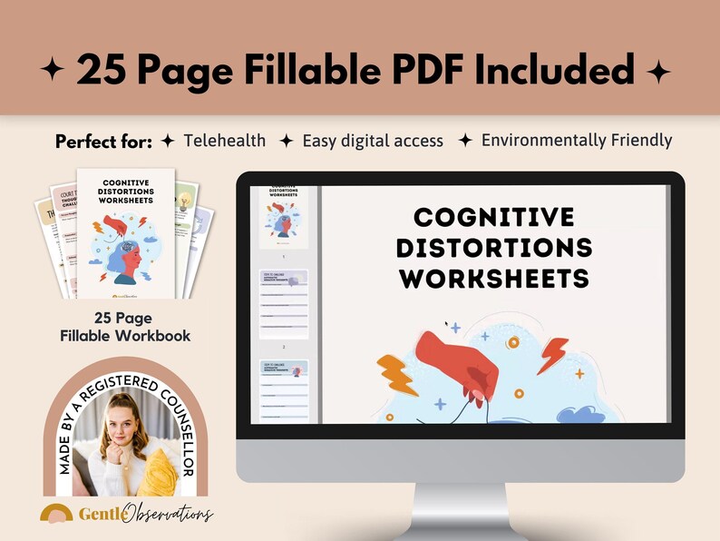 Cognitive Distortion Worksheets, Thinking Errors Flashcards, Unhelpful Thinking Patterns Workbook, CBT Worksheets, CBT Therapy, Anxiety Tool image 2