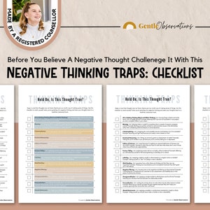 Challenging Negative Thoughts Checklist for Identifying Cognitive Distortions, CBT Worksheet for Identifying Negative Thinking Traps