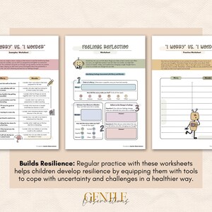 May include: Three worksheets titled "I Worry vs. I Wonder" and "Feelings Reflection" with robot illustrations. The worksheets are designed to help children develop resilience and cope with challenges. Text at the bottom reads "Builds Resilience: Regular practice with these worksheets..."
