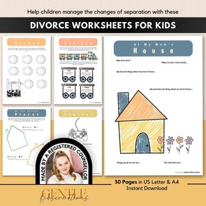 Op de afbeelding: Een set werkbladen over echtscheiding voor kinderen met diverse activiteitenpagina's, prompts en lijntekeningen van een huis, een trein en een gamecontroller, inclusief tekst zoals DIVORCE WORKSHEETS FOR KIDS en een ronde badge.