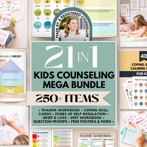 Kindertherapie-Bundle, Trauma-Arbeitsblätter für Kinder, Trauerarbeitsbuch, Bewältigungsfertigkeiten, Restorative Gerechtigkeit, SFBT für Kinder, Emotionsregulierung