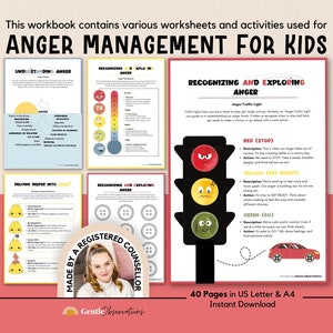 Anger Management Workbook for Kids, Anger Worksheets for Kids, Emotional Regulation, Anger Thermometer, Anger Coping Skills, Anger Therapy