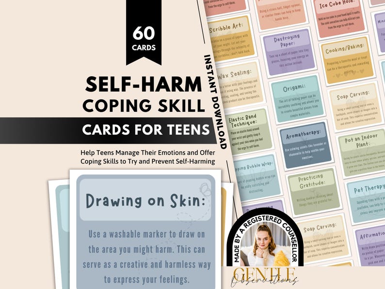 The image is a promotional poster for a self-harm coping skill card set for teens. It features a collage of various self-harm cards and a hand-drawn drawing on skin, along with a list of coping skills and a hand-drawn figure.