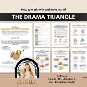 May include: A 33-page fillable PDF workbook titled How to work with and move out of THE DRAMA TRIANGLE. The document includes an introduction, table of contents, and pages detailing the roles of the victim, persecutor, and rescuer with diagrams.