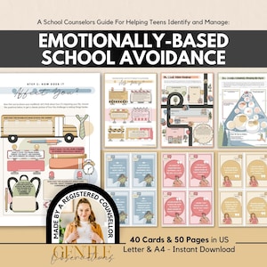 May include: A digital guide titled A School Counselors Guide For Helping Teens Identify and Manage: EMOTIONALLY-BASED SCHOOL AVOIDANCE. Includes 50 pages of worksheets featuring school bus graphics, roadmaps, and 40 cards with text and illustrations.