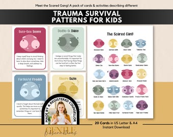 Trauma Reaction Cards for Kids, Identifying Trauma Survival Patterns, Emotional Regulation, Kids Coping Skill Cards, Group Therapy Activity