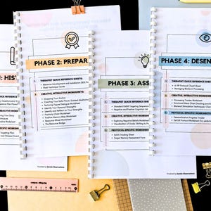 May include: A collection of spiral-bound worksheets with printed text, organized by phases. The pages feature headings like "Phase 2: Prepare" and "Phase 3: Assess." Accessories include paper clips, a ruler, and a notepad, all on a black surface.
