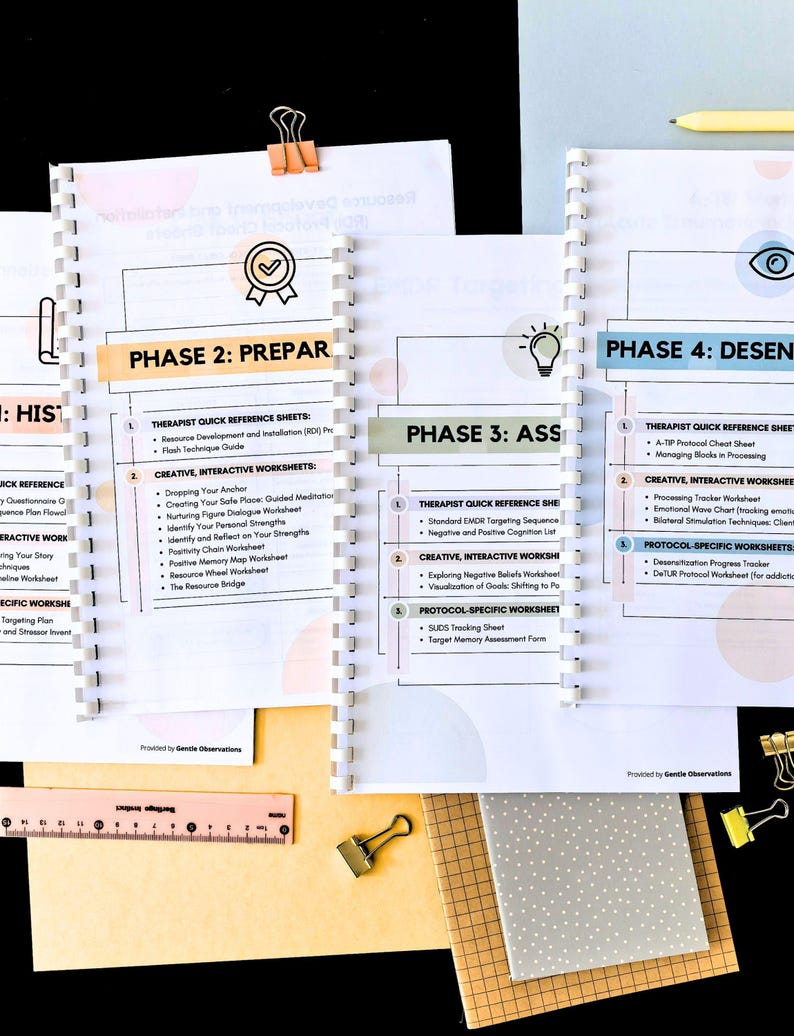 May include: A collection of spiral-bound worksheets with printed text, organized by phases. The pages feature headings like "Phase 2: Prepare" and "Phase 3: Assess." Accessories include paper clips, a ruler, and a notepad, all on a black surface.