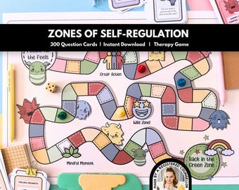 May include: A board game titled ZONES OF SELF-REGULATION with 300 Question Cards, featuring a winding path of colorful squares, cartoon character illustrations, and text labels like Group Action, Wild Zone, Mindful Moment, and Back in the Green Zone.