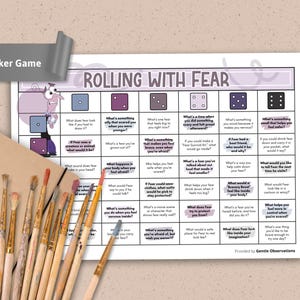 May include: A colorful ice-breaker game titled "Rolling with Fear" with dice graphics and questions about fear. The image includes paintbrushes, a notepad, a pencil, and the website www.gentleobservations.com.