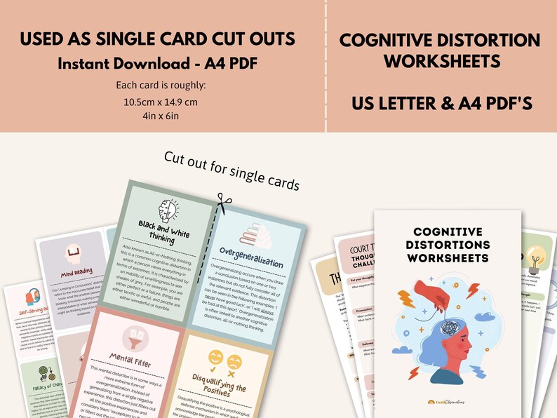 Cognitive Distortion Worksheets, Thinking Errors Flashcards, Unhelpful Thinking Patterns Workbook, CBT Worksheets, CBT Therapy, Anxiety Tool image 8