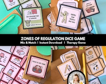 May include: A Zones of Regulation dice game set featuring printable paper cubes with various calming activities, illustrations, and text prompts like Say something kind to someone, Wiggle your fingers and toes, and Listen to soft music.