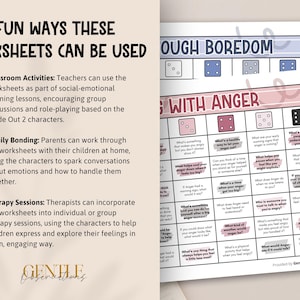 May include: Two worksheets with the titles "Fun Ways These Worksheets Can Be Used" and "Dealing With Anger". The worksheets are designed for classroom activities, family bonding, and therapy sessions. The worksheets have a dice theme.