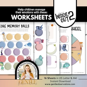 Pacchetto di schede di lavoro sulla regolazione emotiva di Inside Out 2 per consulenza scolastica, apprendimento socio-emotivo, check-in giornaliero e schede di lavoro sulla terapia infantile.