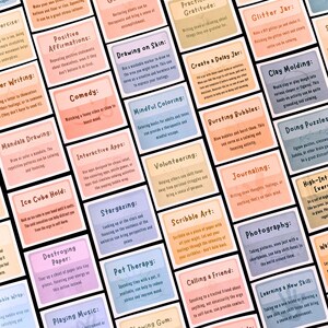a grid of colorful cards with various activities and descriptions written on them.