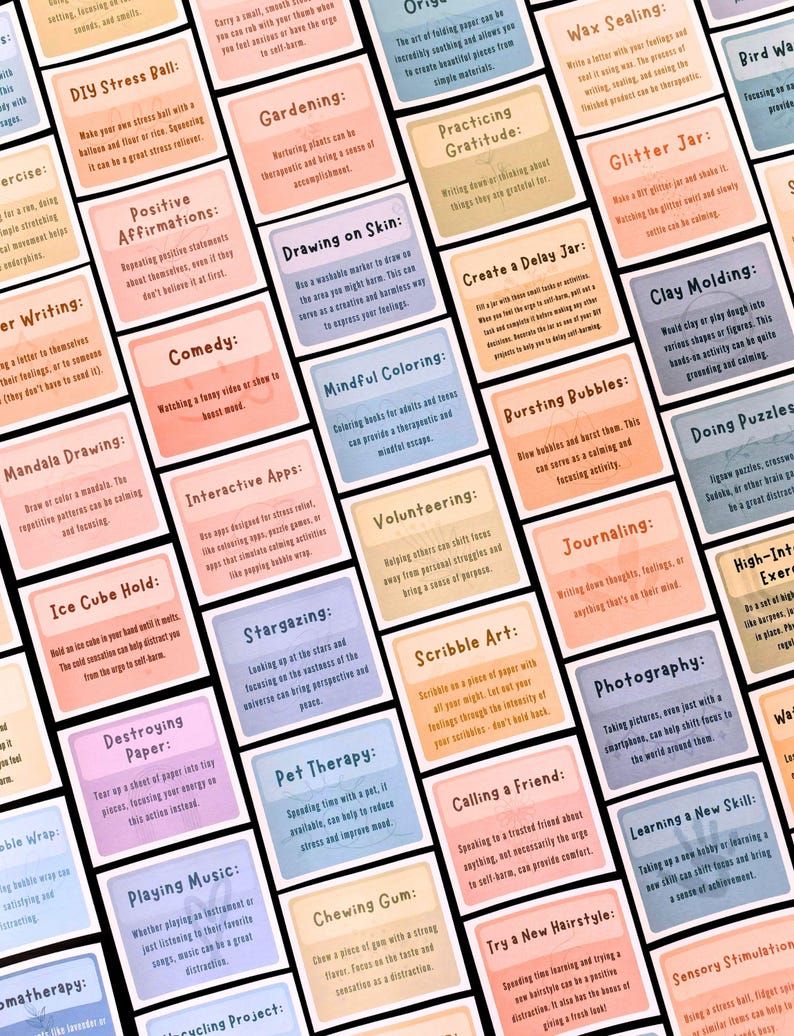 a grid of colorful cards with various activities and descriptions written on them.