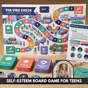 May include: The Vibe Check board game for 2-6 players features a colourful path through a city landscape with start and finish points. Includes three decks of cards labelled Real Talk, Hype Up, and Boundary Check, player tokens, dice, and instructions.