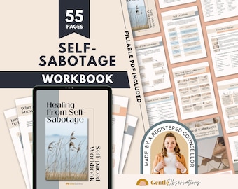Cuaderno de ejercicios de autosabotaje, hojas de trabajo de crítica interna para adultos, terapia de diario de amor propio, regulación emocional, ayuda profesional para el establecimiento de objetivos.