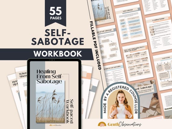 Self Sabotage Workbook, Inner Critic Worksheets for Adults,Self-love Journal Therapy, Emotional Regulation, Professional Goal Setting Aid