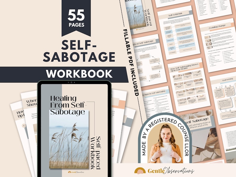 Cuaderno de ejercicios de autosabotaje, hojas de trabajo de crítica interna para adultos, terapia de diario de amor propio, regulación emocional, ayuda profesional para el establecimiento de objetivos. imagen 1