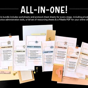 May include: A collection of spiral-bound worksheets and cheat sheets labeled with phases, including "PREPAR," "DESENSITIZ," and "REEVALUATION." The text "ALL-IN-ONE!" is at the top. The bundle includes worksheets and tools for online client practice.