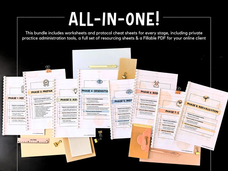 May include: A collection of spiral-bound worksheets and cheat sheets labeled with phases, including "PREPAR," "DESENSITIZ," and "REEVALUATION." The text "ALL-IN-ONE!" is at the top. The bundle includes worksheets and tools for online client practice.
