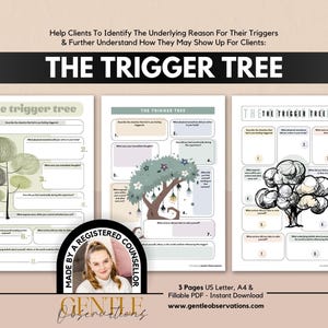 May include: Three printable worksheets titled The Trigger Tree, designed to help identify emotional triggers. Each page features a tree illustration and numbered prompts for reflection. Includes a small circular portrait of a person and text.