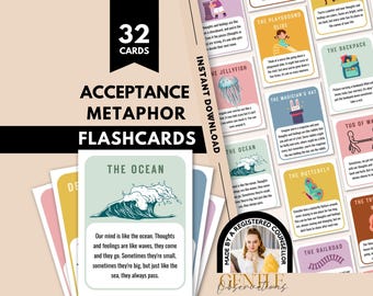 May include: A set of 32 Acceptance Metaphor flashcards featuring pastel-colored illustrations and text. Each card displays a unique metaphor, such as The Ocean, The Butterfly, or The Magician's Hat, with descriptive text explaining the concept.