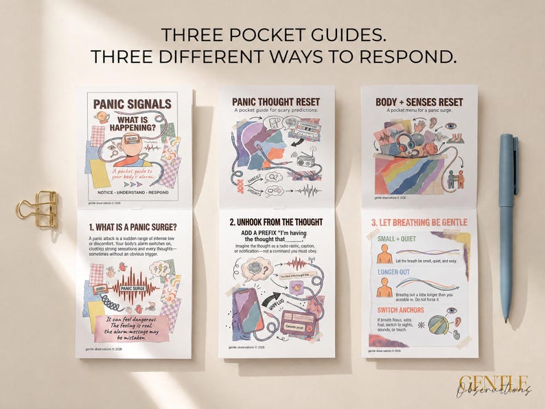 K&ouml;nnte beinhalten: Drei quadratische Taschenratgeber mit den Titeln Panic Signals, Panic Thought Reset und Body + Senses Reset. Jeder Ratgeber enth&auml;lt farbenfrohe Illustrationen, Diagramme und Texte zu Panikattacken sowie sanften Atemtechniken.
